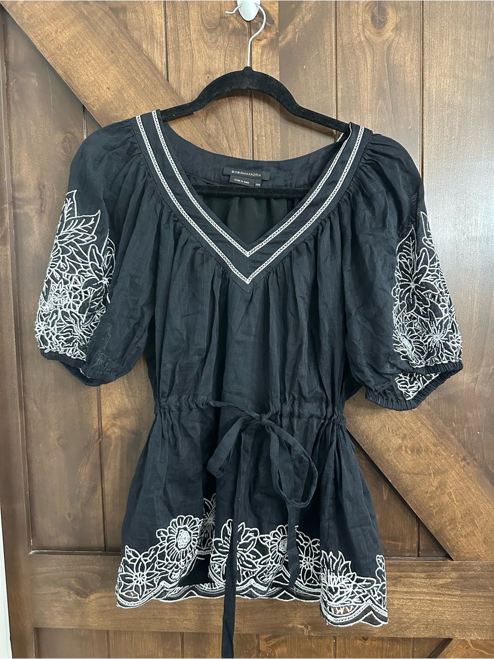 BCBGMaxAzria Black V-Neck Embroidered Peasant Tunic